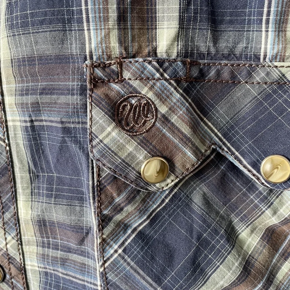 Vtg Wrangler Shirt Mens Medium Blue‎ Plaid Long Sleeve Pearl Snap Western Cowboy